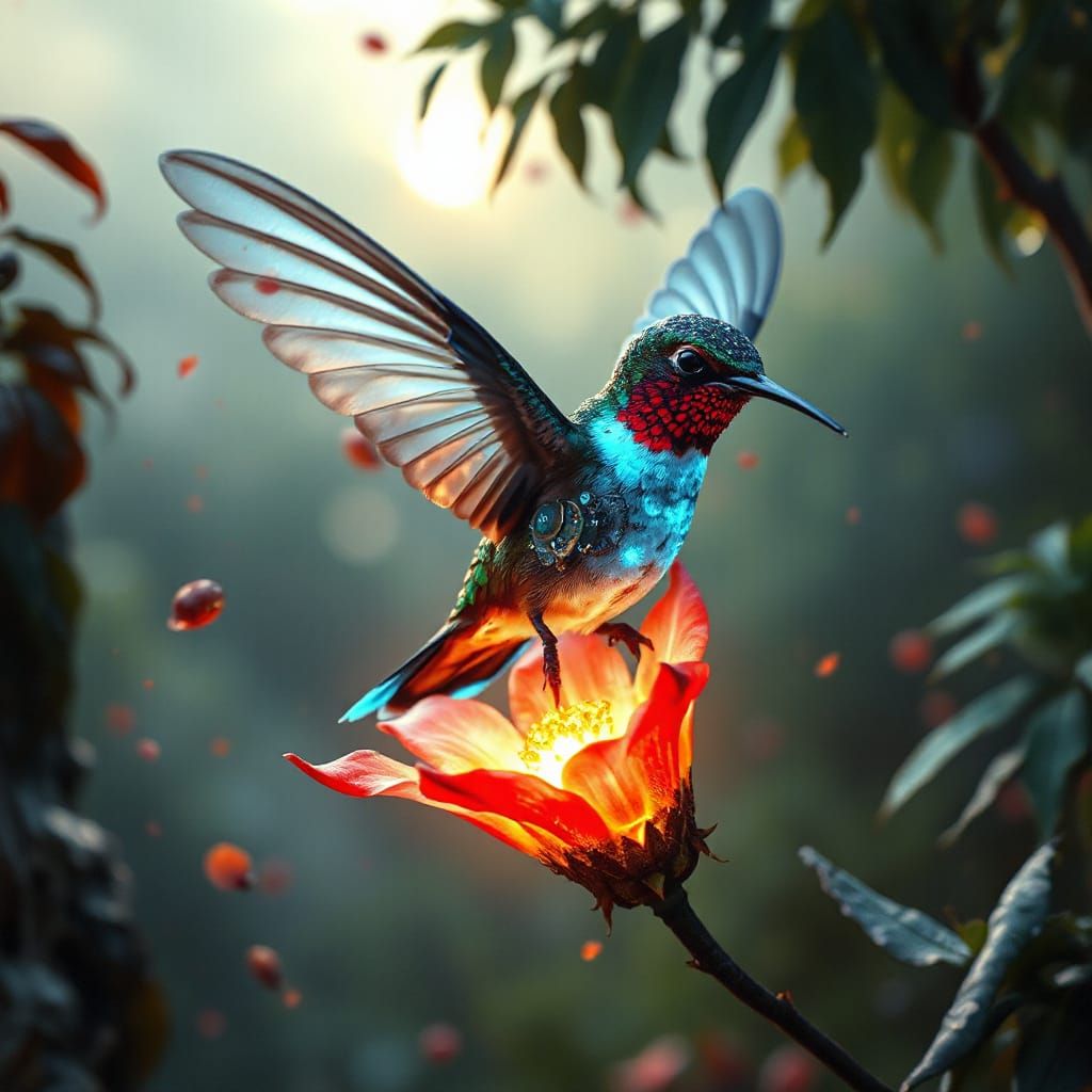 Bioluminescent Steampunk Hummingbird in Alien Jungle