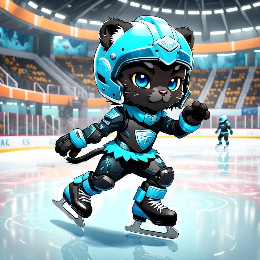 Chibi Panther Cub Ice Skating in Fantasy Art