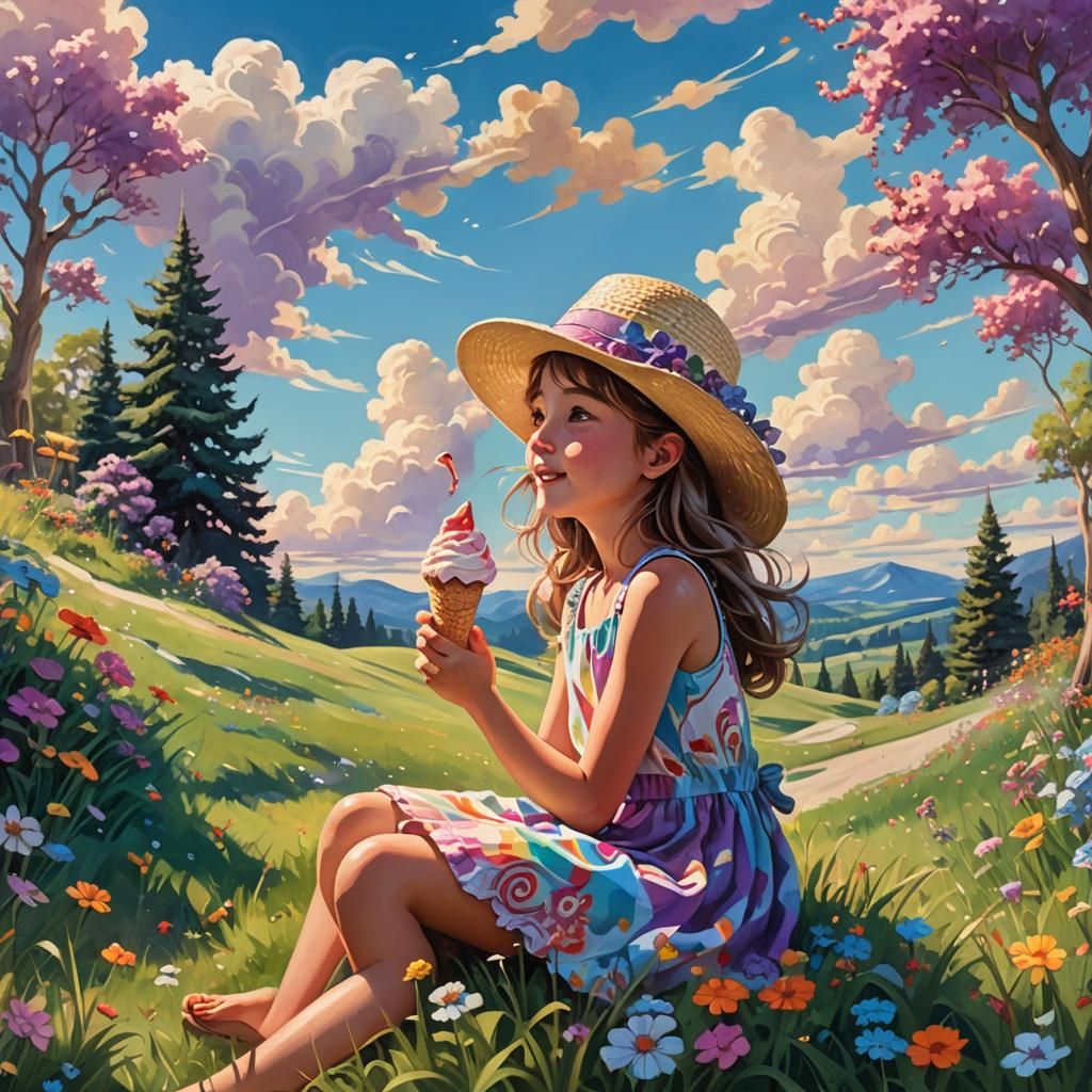 Girl on Hillside Enjoys Ice Cream: Fantasy Art