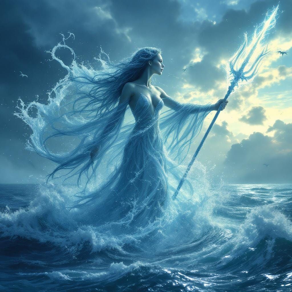 Water Witch Rising at Dawn with Sea Serpents