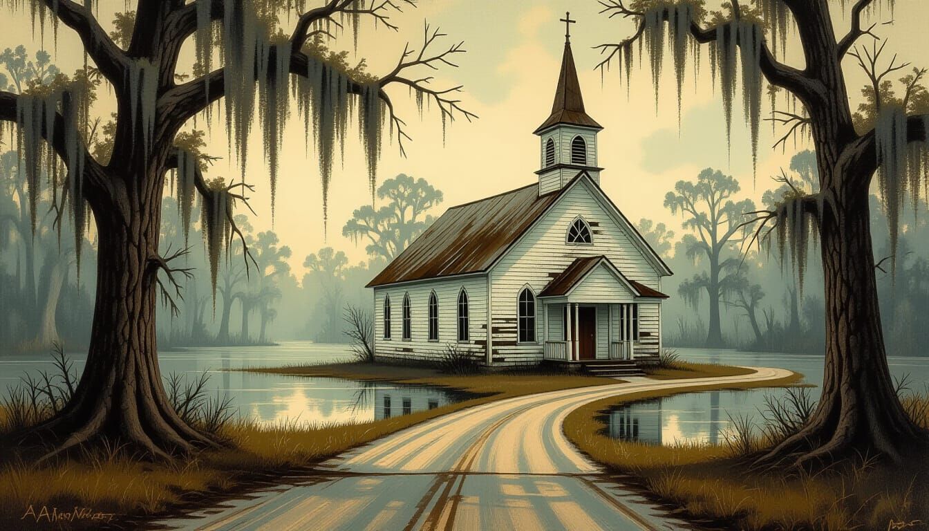 Eerie Swamp Church in Realistic Americana Style