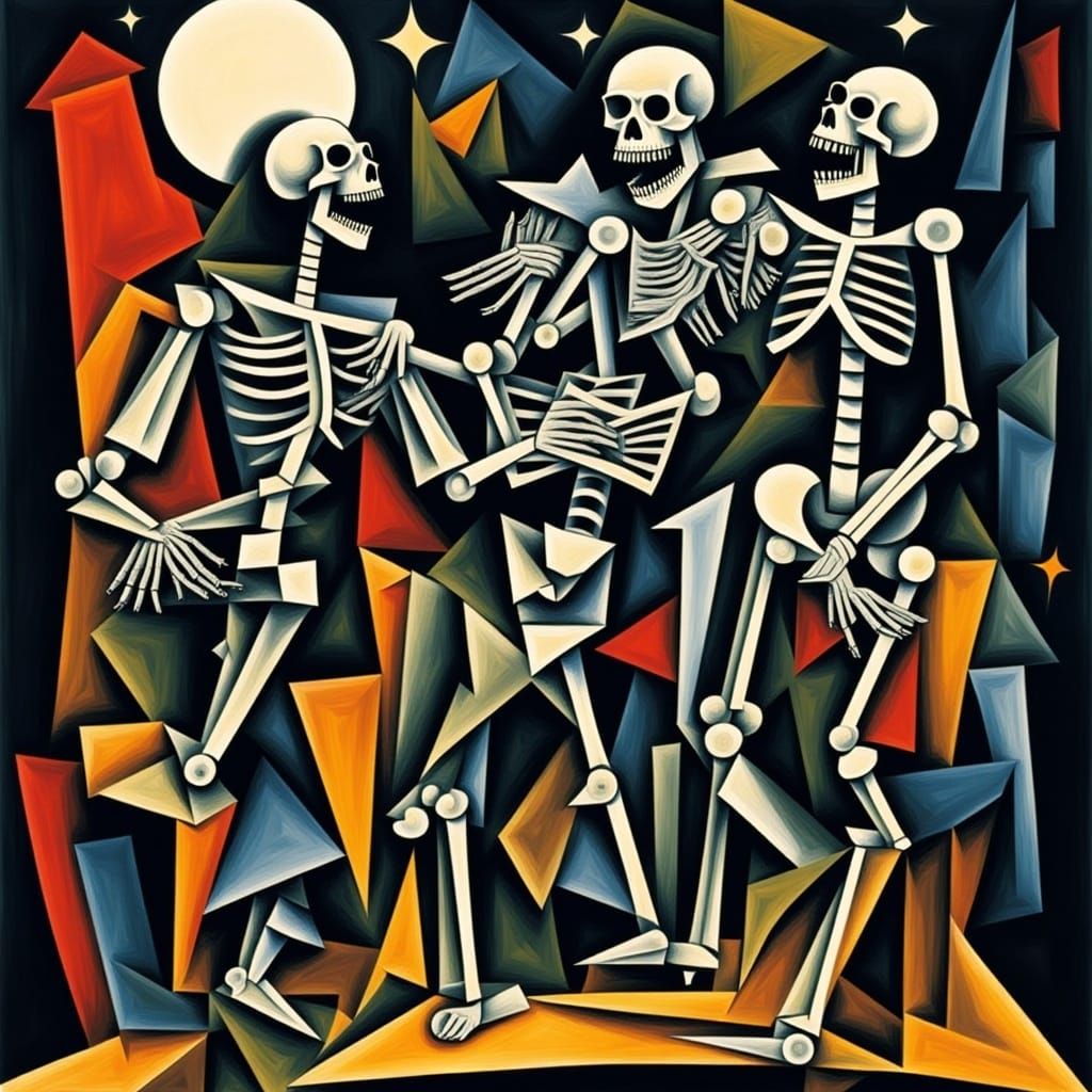 Cubist Skeleton Dance Macabre in Vibrant Colors