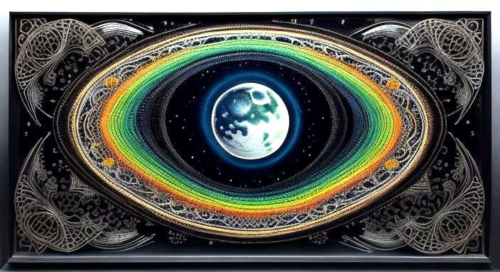 Surreal String Art Landscape with Rainbow Moon