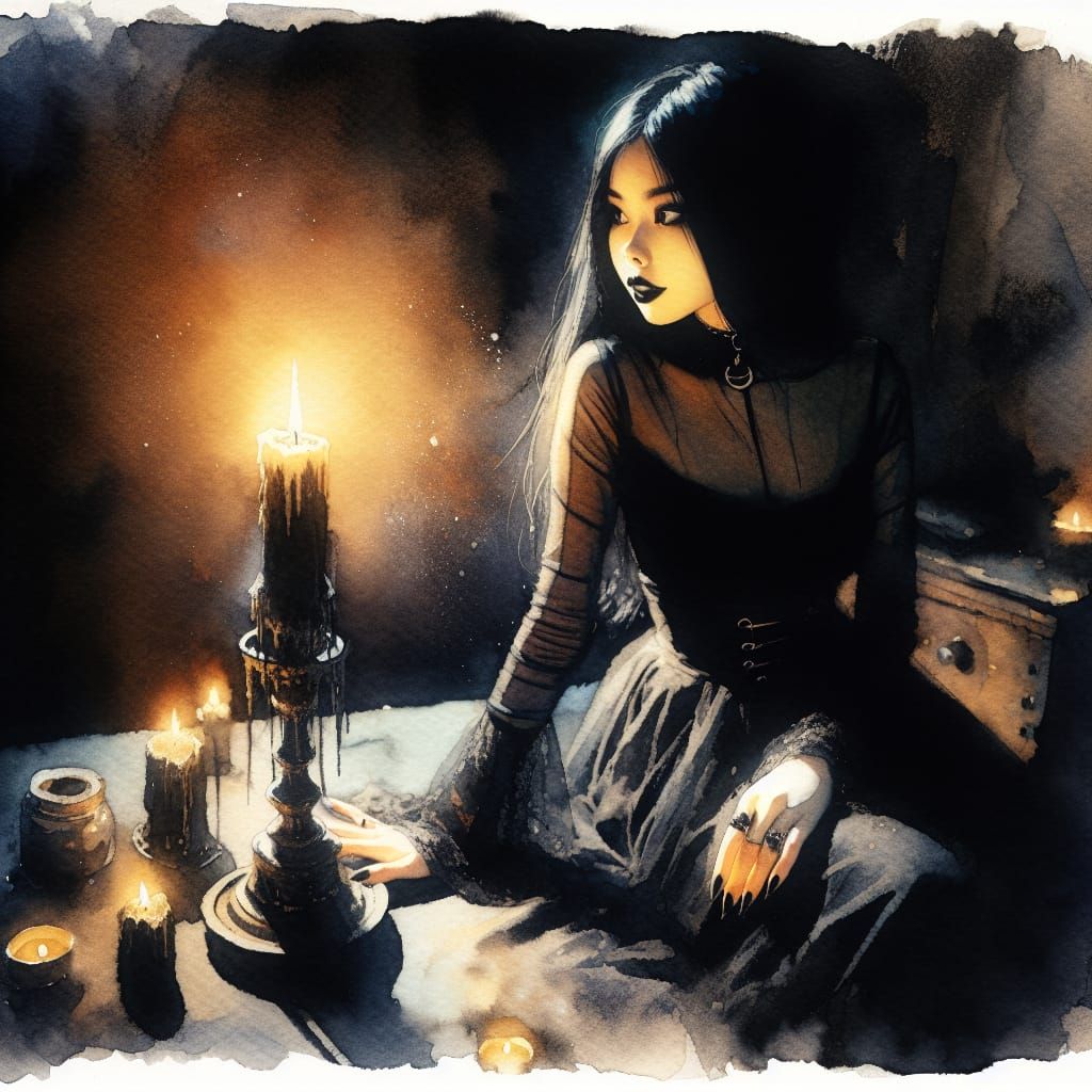 Noir Goth Girl by Candlelight in Watercolor Style