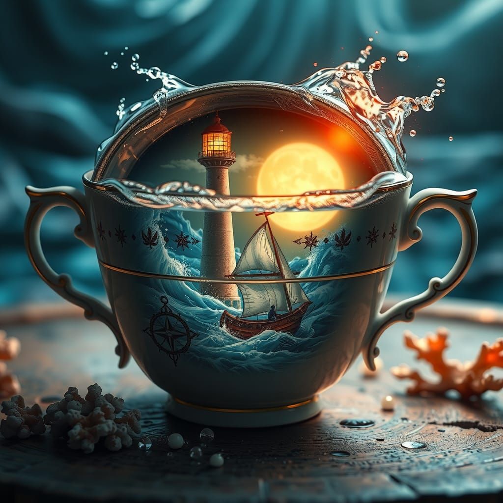 Lighthouse in Teacup: A Fantasy Nautical Scene