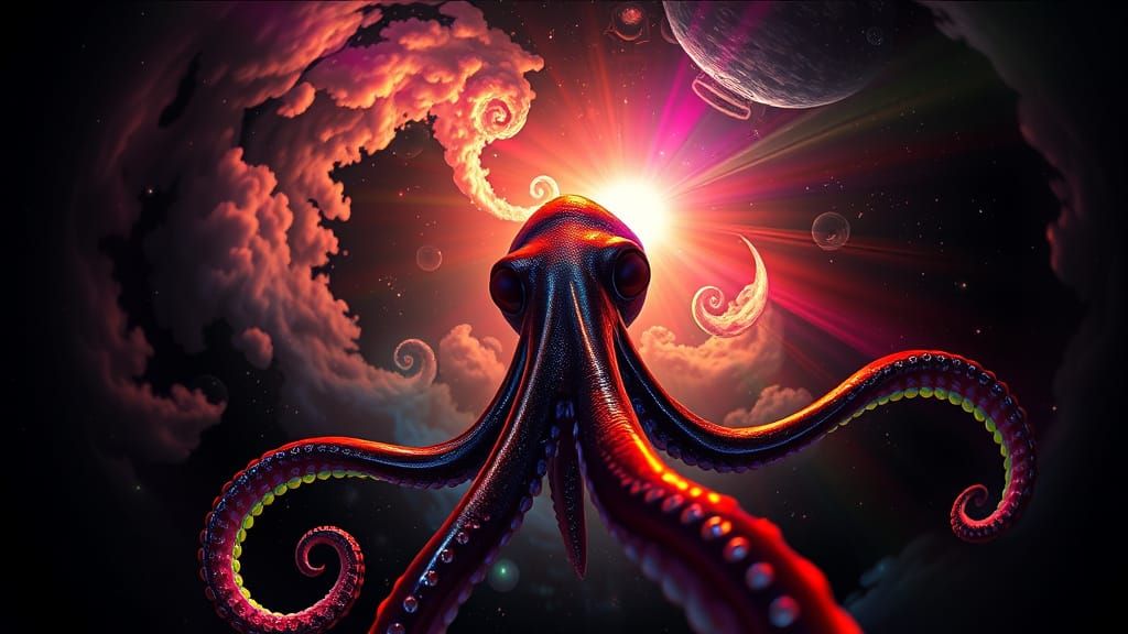 Giant Squid in Bioluminescent Nebula - Alcohol Ink Style