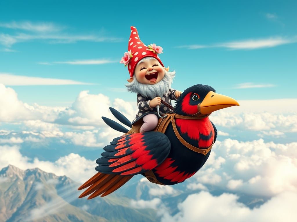 Gnome Rides Striped Bird Through Mountainous Sky