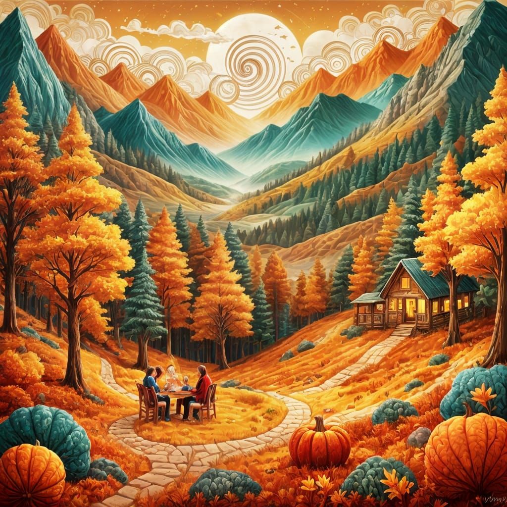 Thanksgiving Family Gathering in Abstract Autumn Landscape