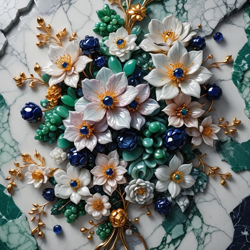 Sapphire and Jade Flowers on Marble