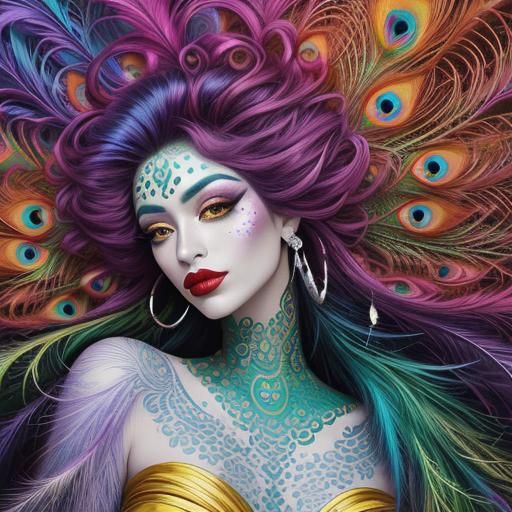 Surreal Woman with Peacock Feather Hair in Abstract Art