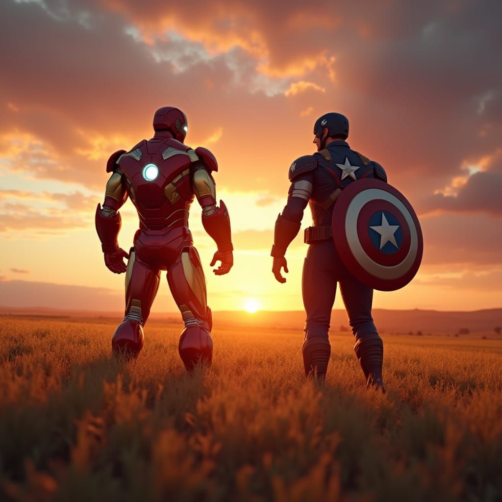 Iron Man & Captain America in Golden Field at Sunset
