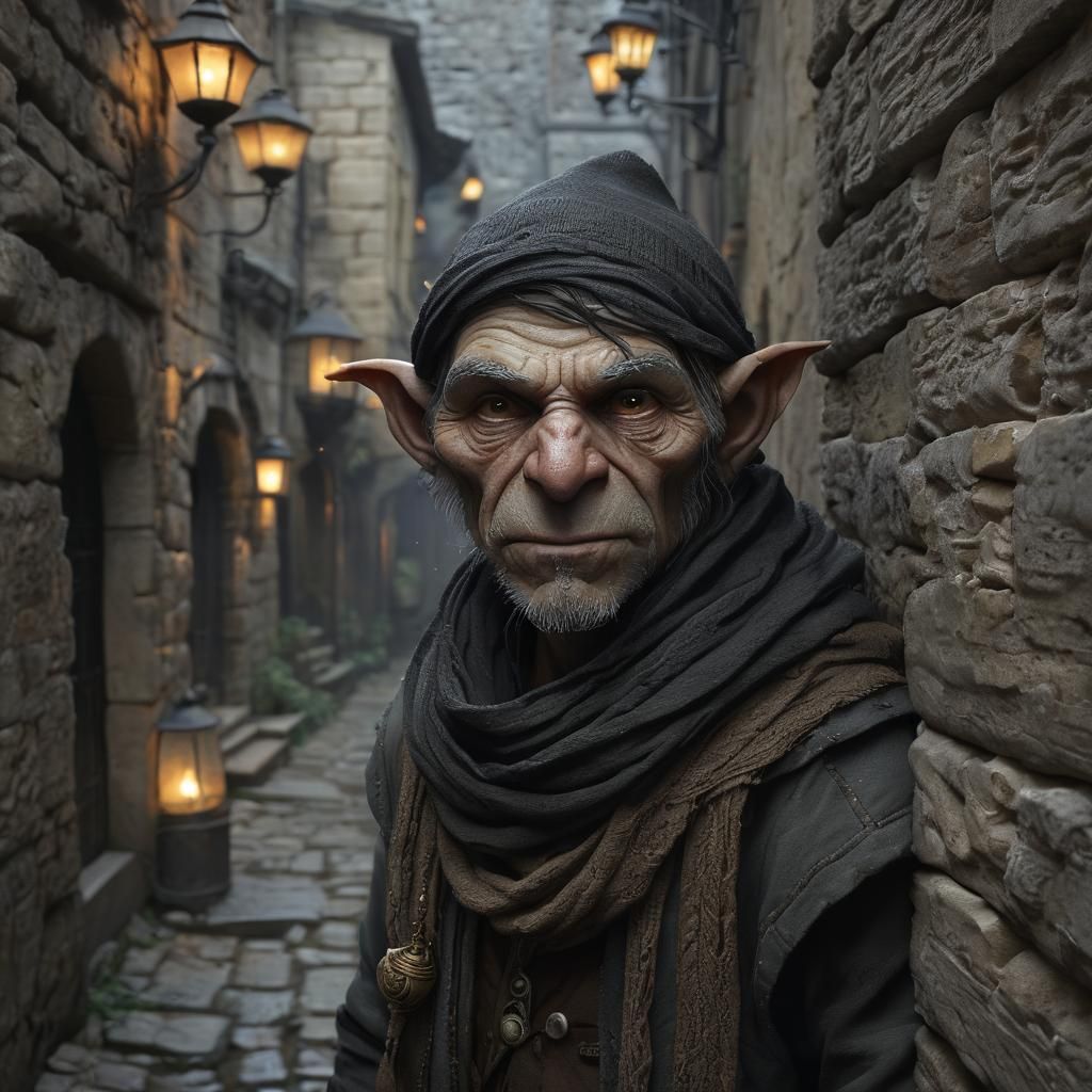 Goblin Thief in Mystical Alleyway: Doré-Inspired Art