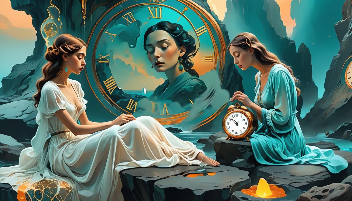 Surreal Woman with Melting Clock in Digital Painting Style