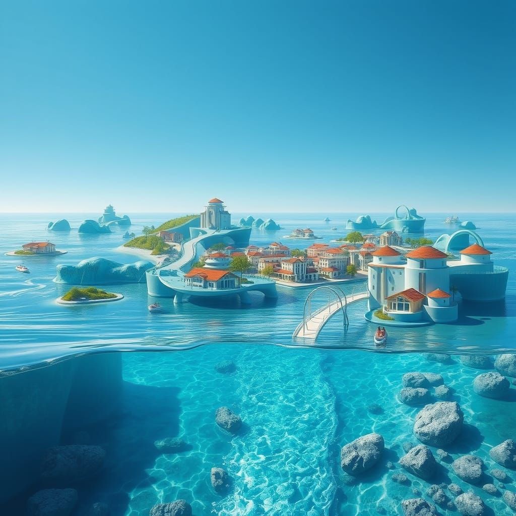 Dreamlike Waterworld with Shimmering Skies and Liquid Landsc...