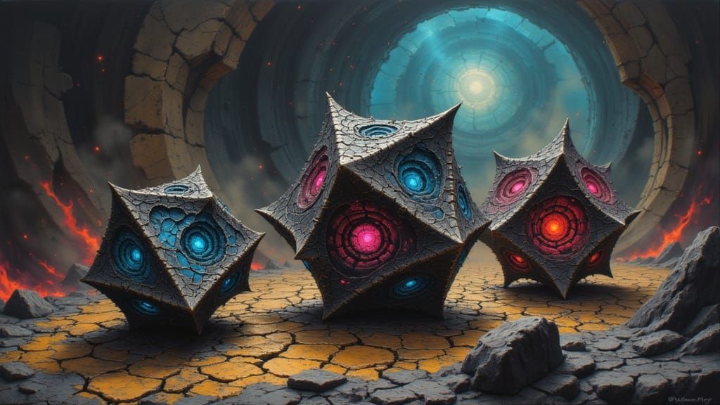 Fantasy Dice on Game Board with Surreal Background