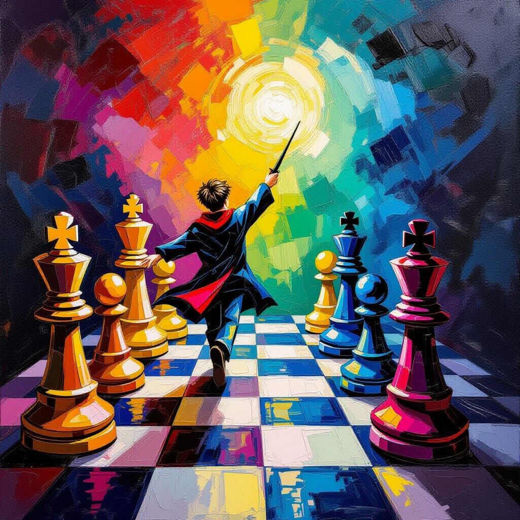 Harry Potter Chess Scene in Neo-Impressionist Style