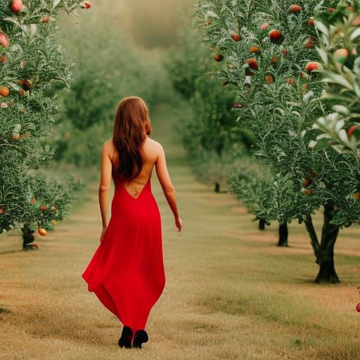 Women in Red Dresses Walking Through Apple Orchard
