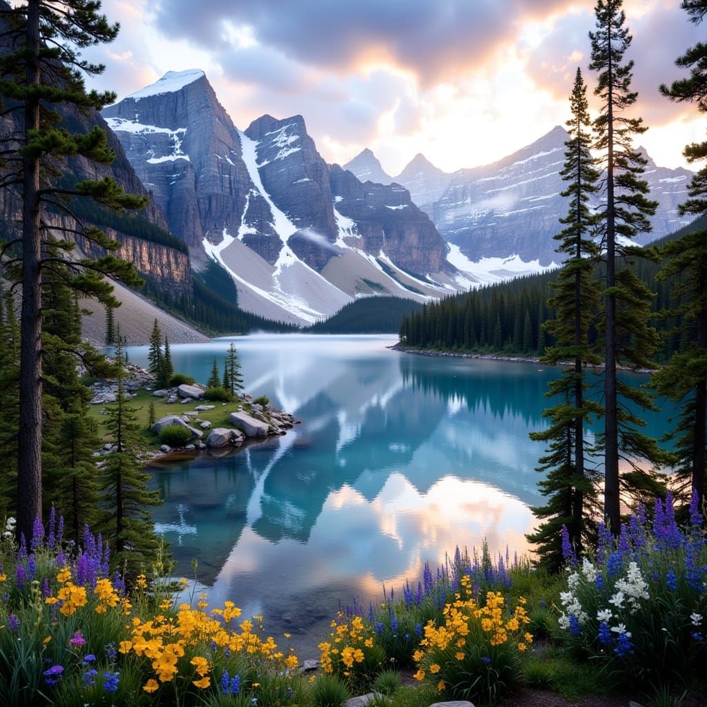 Serene Moraine Lake at Dawn in Hyperrealistic Style