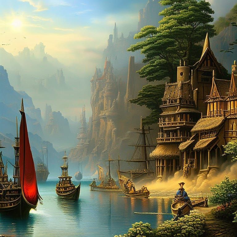 Fantasy Medieval Port Town in Ethereal Style