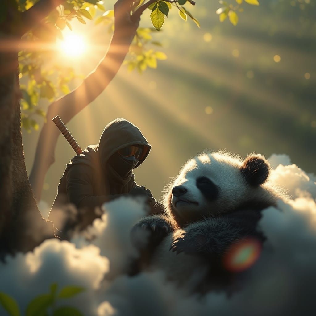 Ninja Sloth Observing Panda in Dreamy Sunlight
