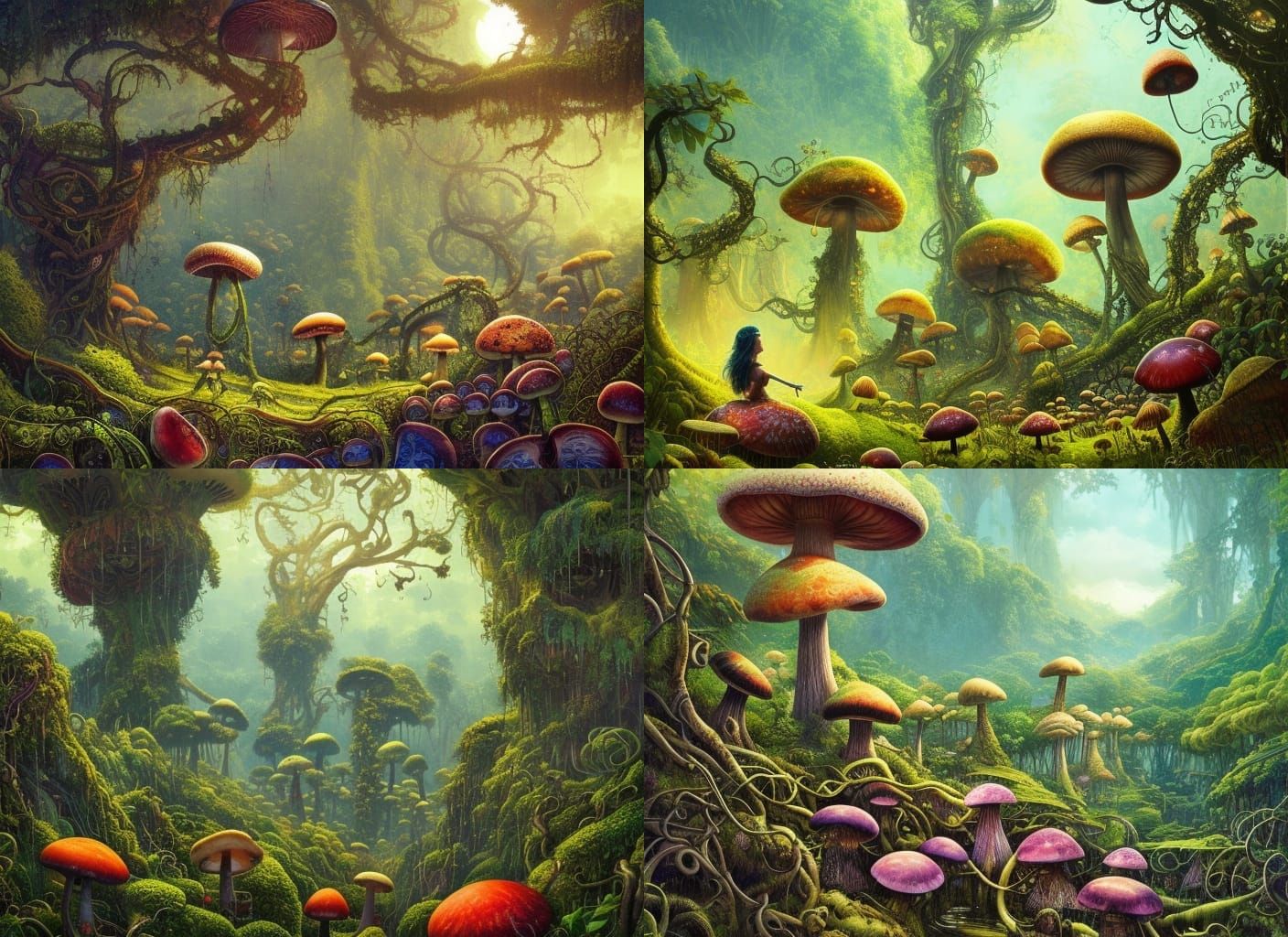 Giant Mushrooms in Lush Fantasy Landscape