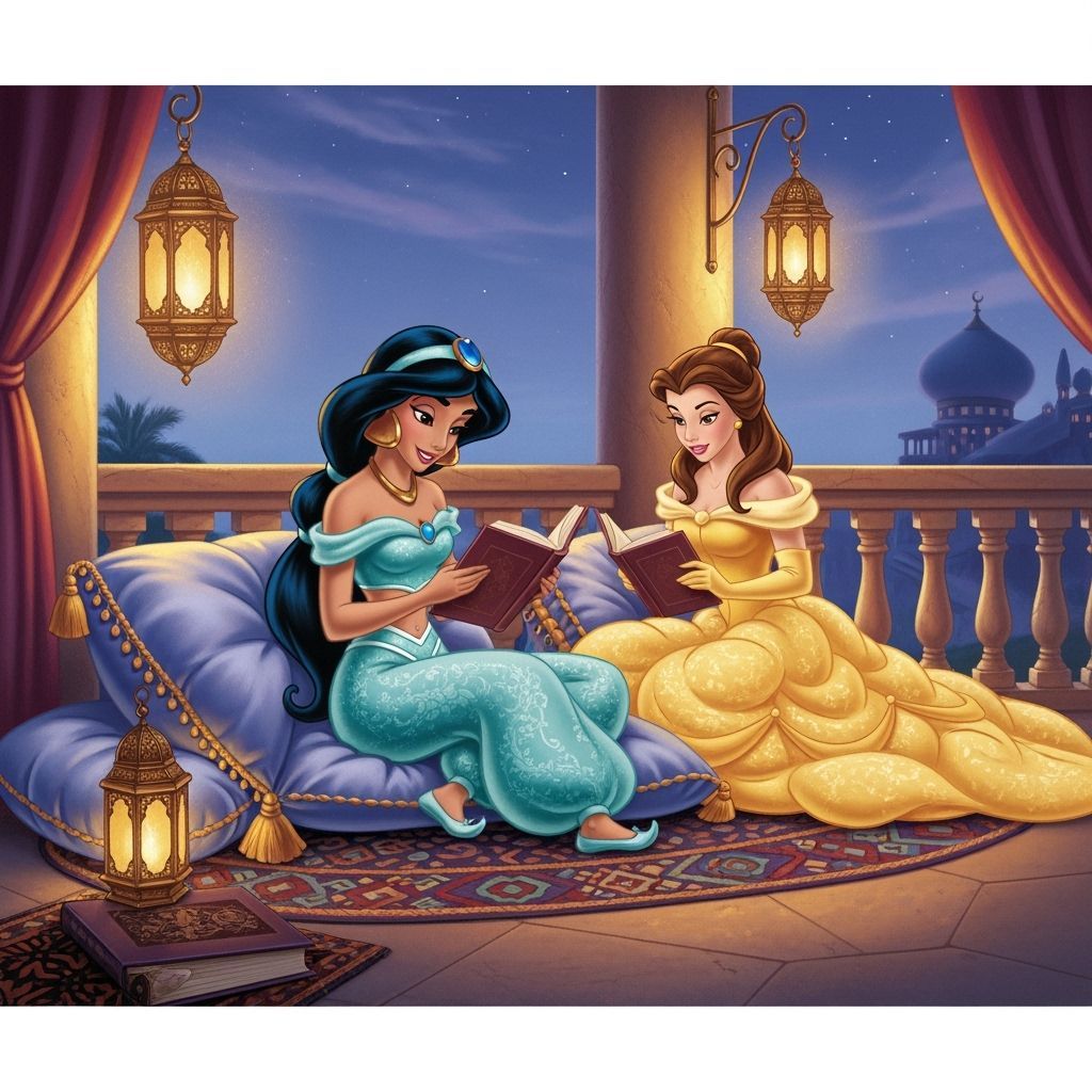 Disney Princesses Jasmine and Belle Reading on Arabian Balco...