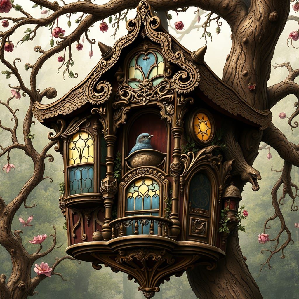 Victorian Birdhouse with Art Nouveau and Biomechanical Eleme...