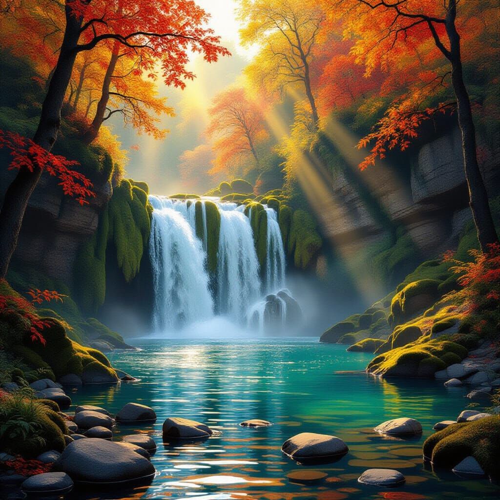 Autumn Waterfall in Golden Sunlight Concept Art