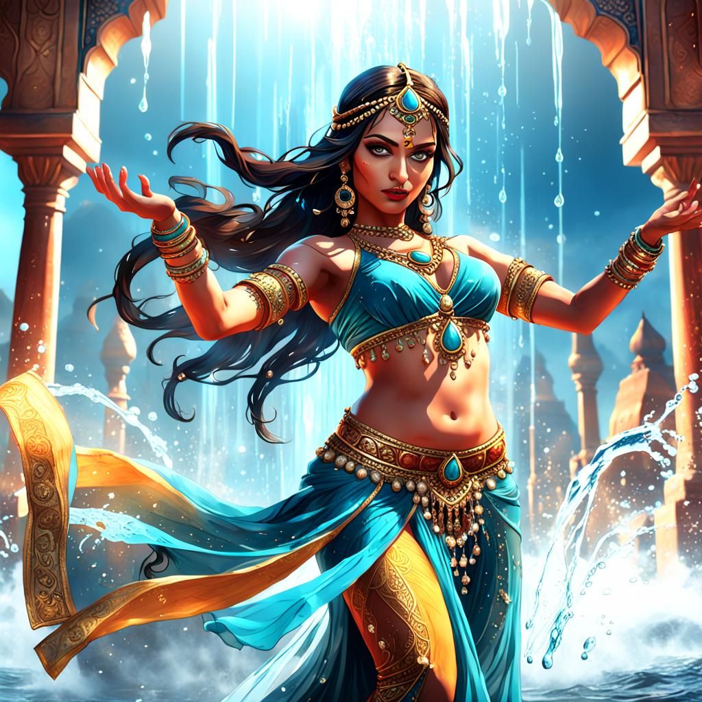 Alluring Indian Dancer Controls Water: Fantasy Art