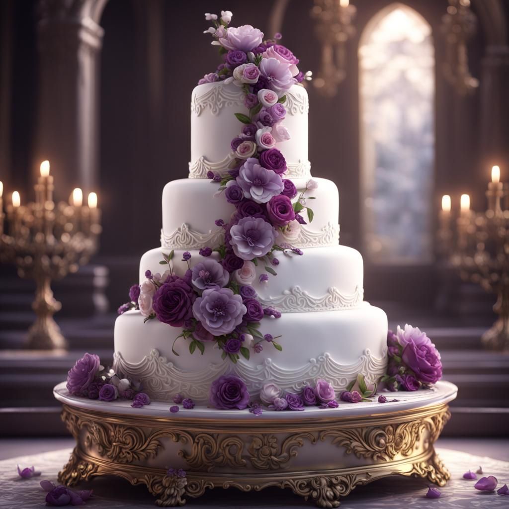 Elegant White Wedding Cake with Purple Flowers