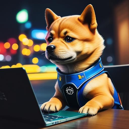 Hyperrealistic Doge Puppy with Laptop Splash Art