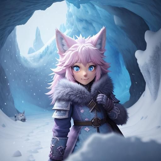 Cute Wolf Girl Playing in Snowy Ice Cave