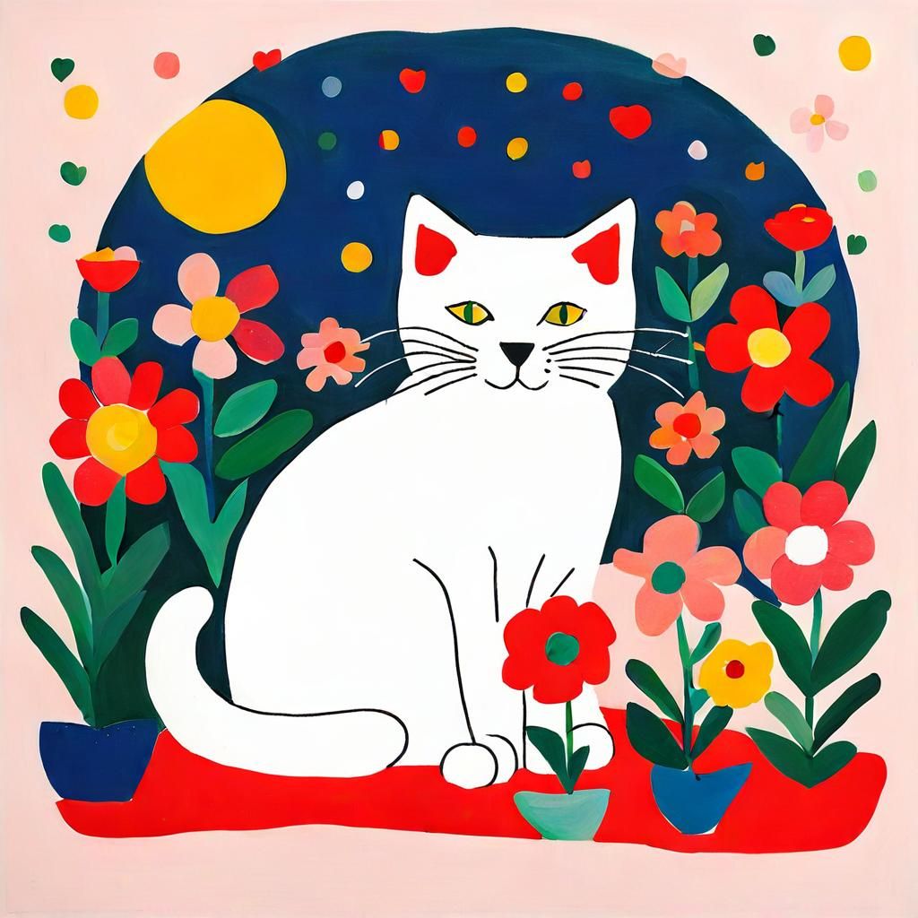 Cute Cat Surrounded by Flowers in Abstract Style