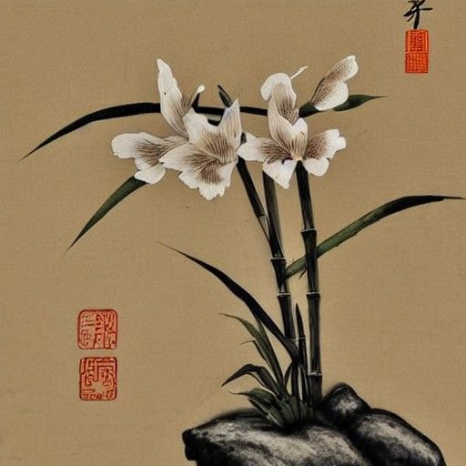 Ink Wash Painting of Bamboo and Cymbidium Flower