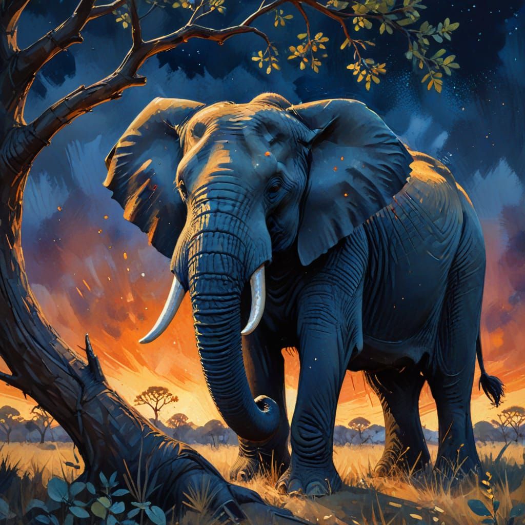 Elephant Under Savannah Tree: Gouache Impasto Painting