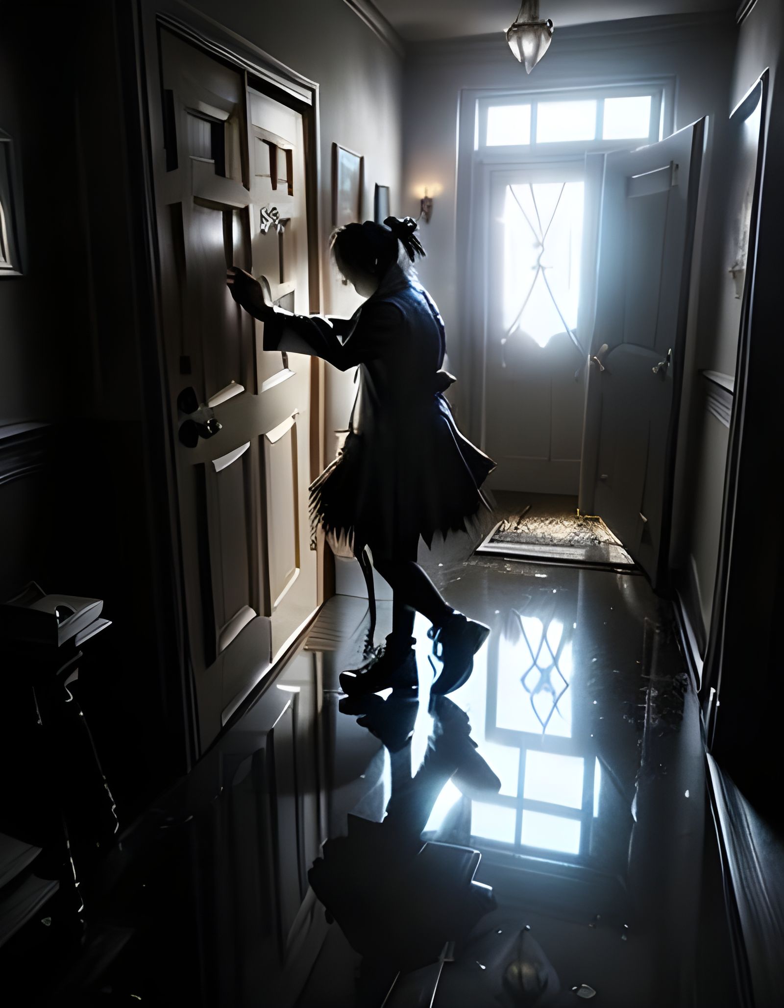 Sobbing Woman Knocks on Door: Hyperdetailed Portrait