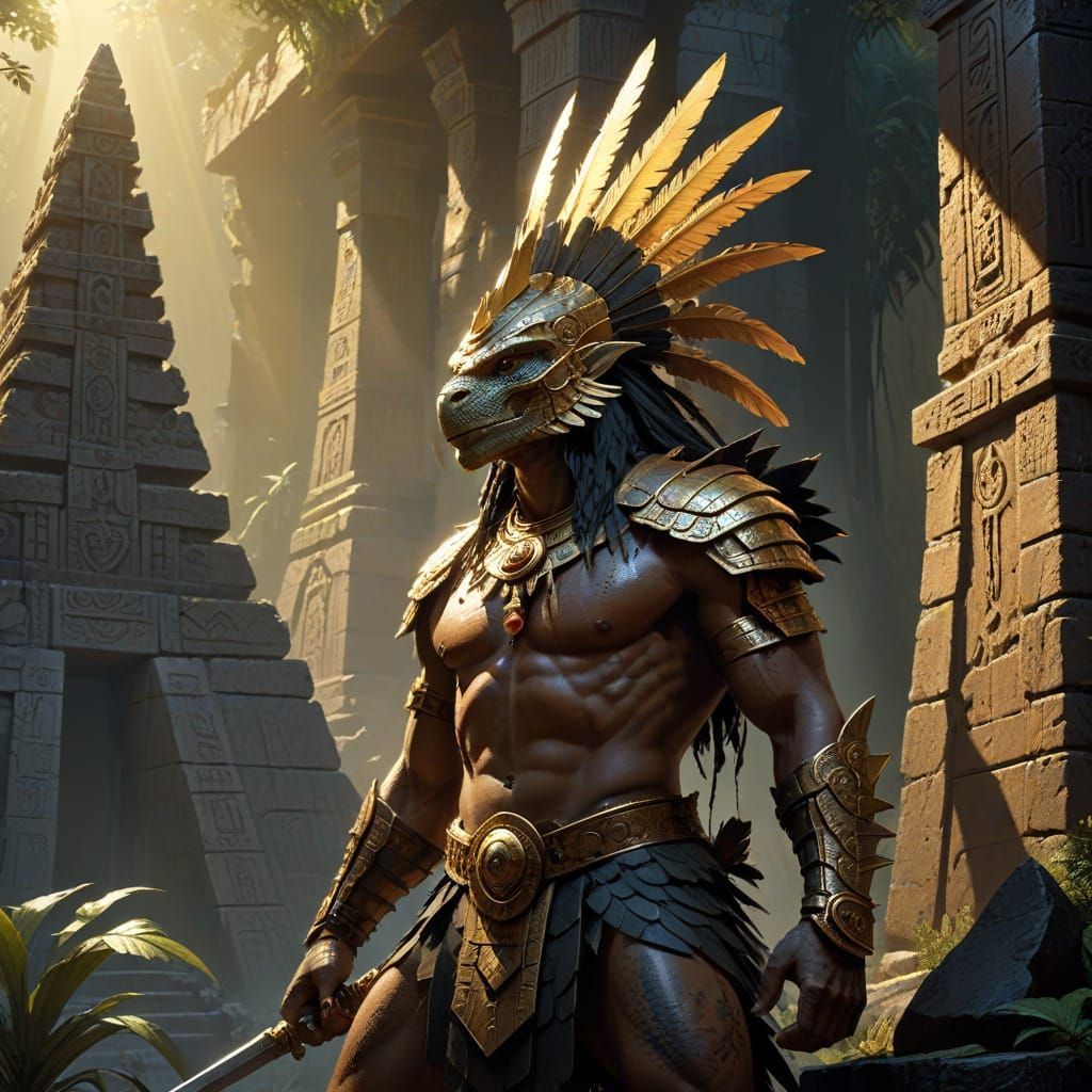 Aztec Lizard Warrior on Temple Pyramid