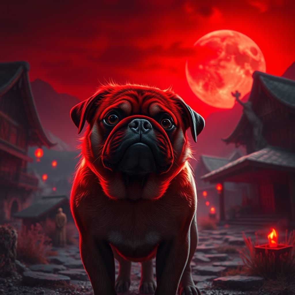 Fiery Red Pug in Village, Fantasy Concept Art