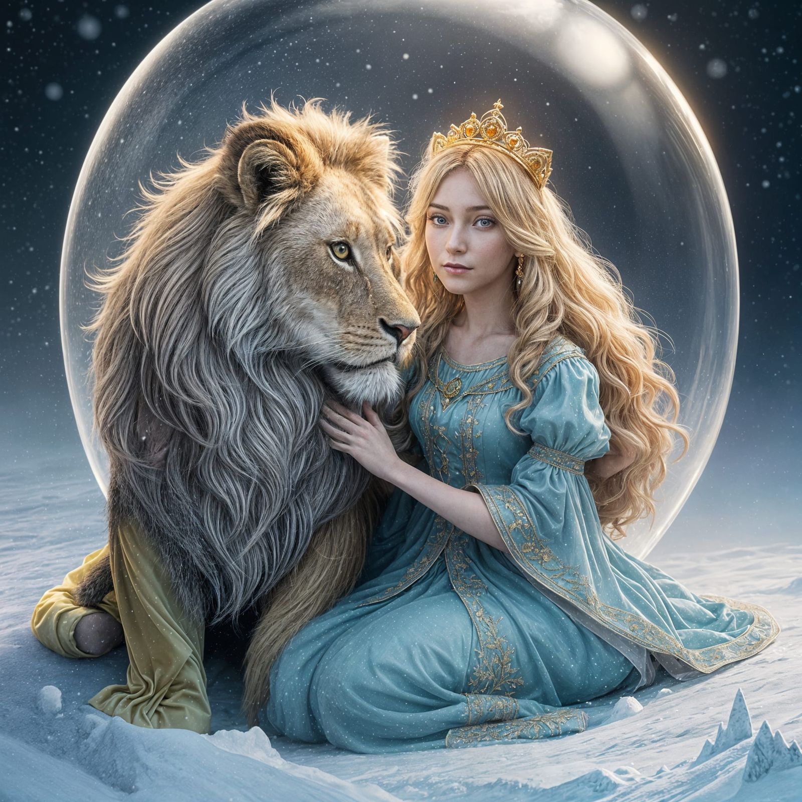 Girl and Lion Prince Hug in Vibrant Snow Globe Scene