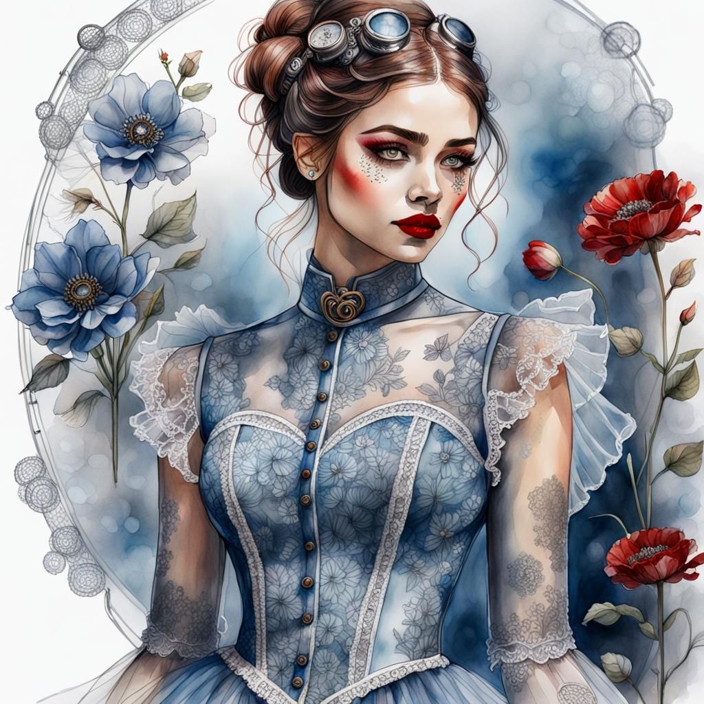 Steampunk teenager, blue dress