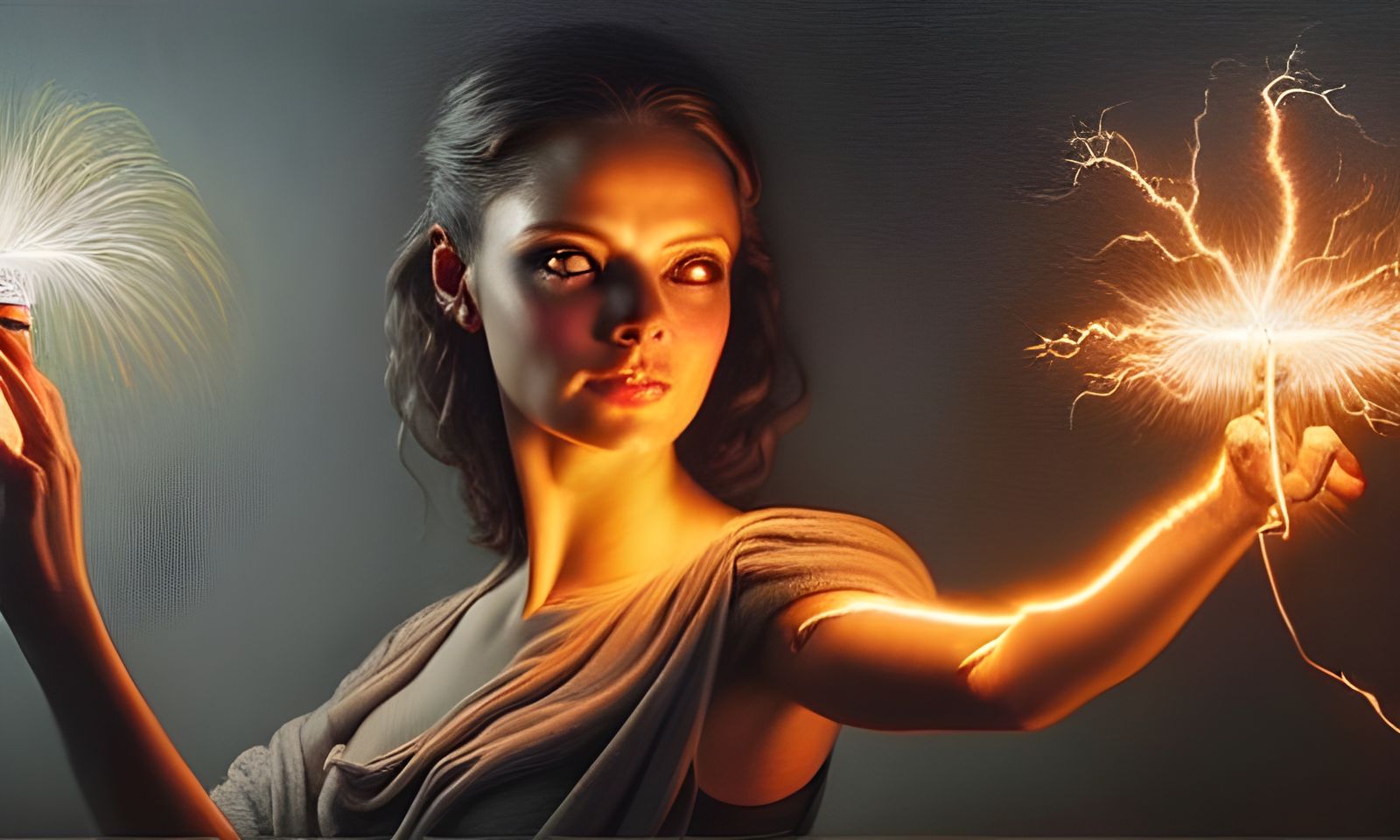 Beautiful Woman Conjures Electricity: Hyperrealistic Digital...