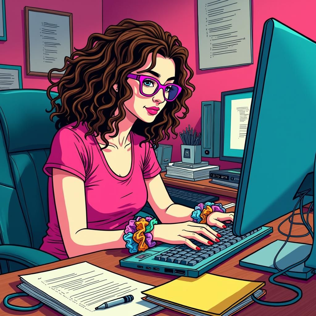 Coding Woman in Pop Art Style with Scrunchies