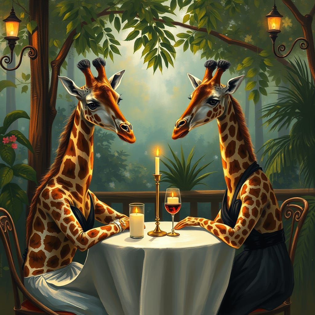 Giraffes on a Romantic Date in Impressionist Style