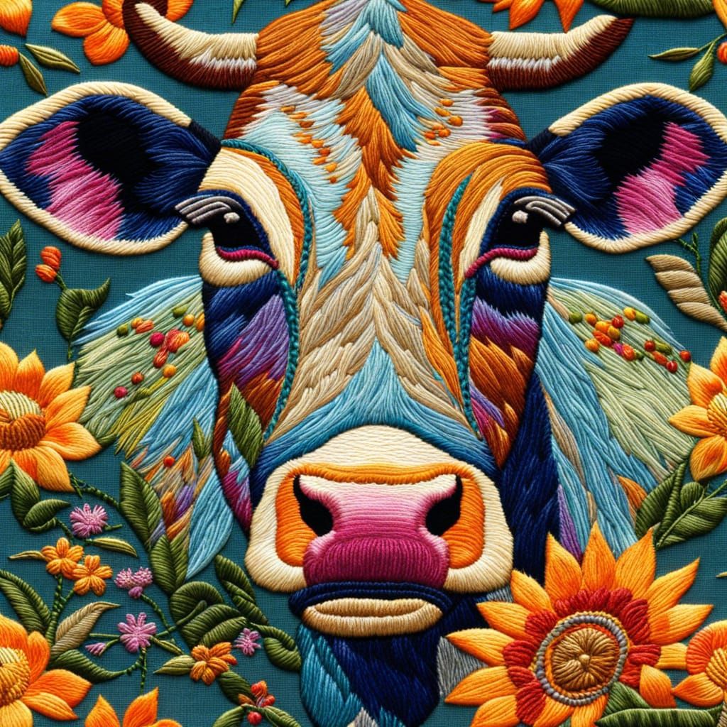 Iridescent Cow Embroidery on Jungle Flowers