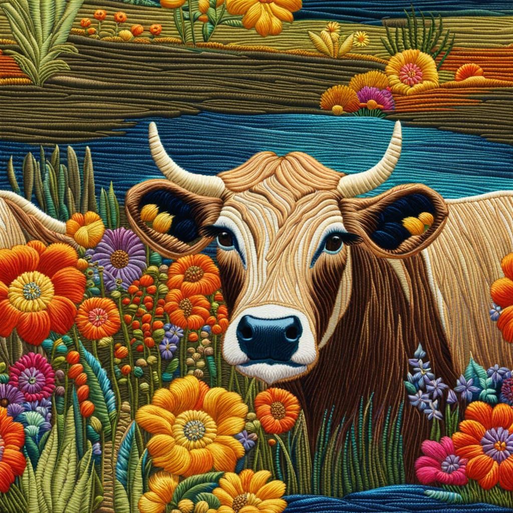 Iridescent Cow Embroidery on Jungle River