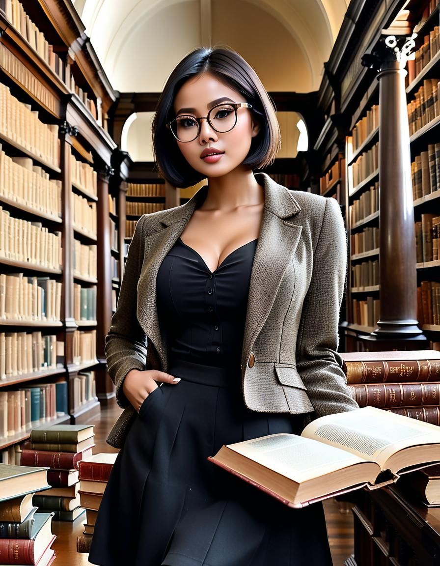 Indonesian Woman Reading in Sprawling Antique Library