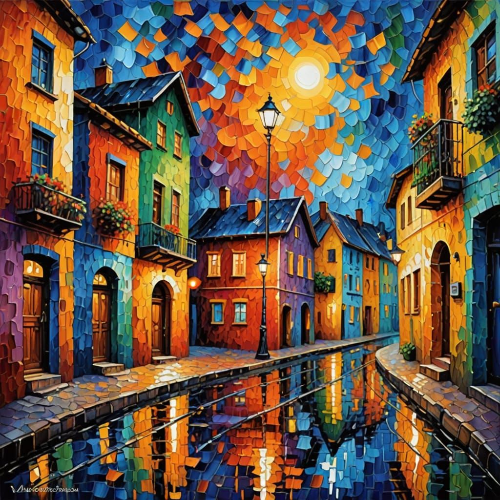 Vibrant Neo-Impressionist Townscape with Expressive Brushstr...