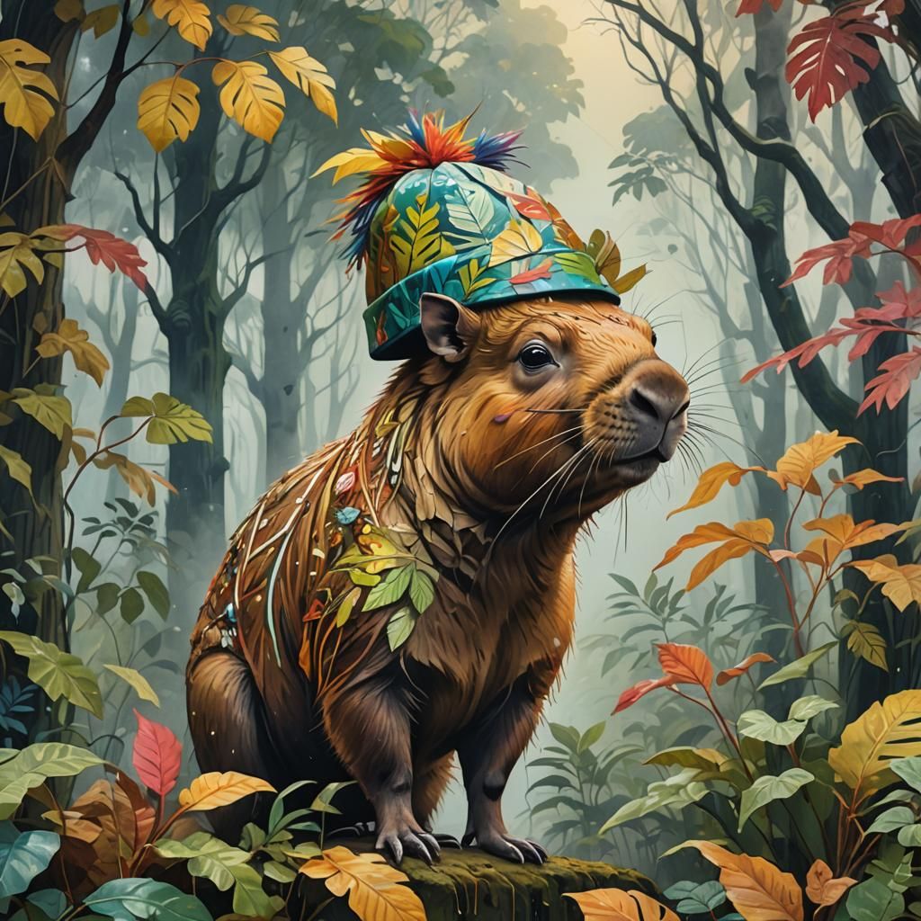Capybara in Misty Forest: Vibrant Street Art