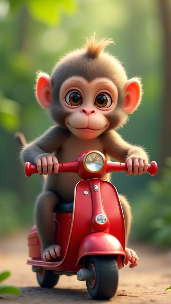 Surreal Rhesus Macaque on a Vibrant Red Scooter