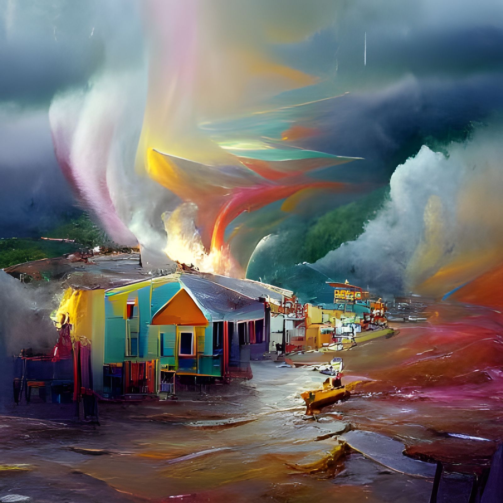 Hurricane Destroys Town: Colorful Oil Painting